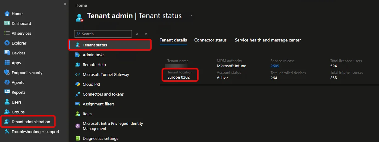 Intune admin center Tenant administration > Tenant status > Tenant details showing the Tenant location Europe 0202
