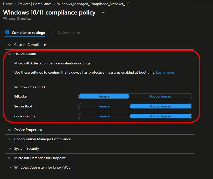 Windows 10/11 compliance policy with the Device Health settings BitLocker set to Require, Secure Boot and Code integrity not configured
