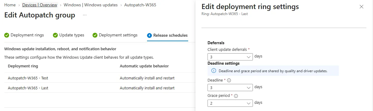 Edit deployment ring settings in a Windows Autopatch group showing a deadline of 3 days and a grace period of 2 days