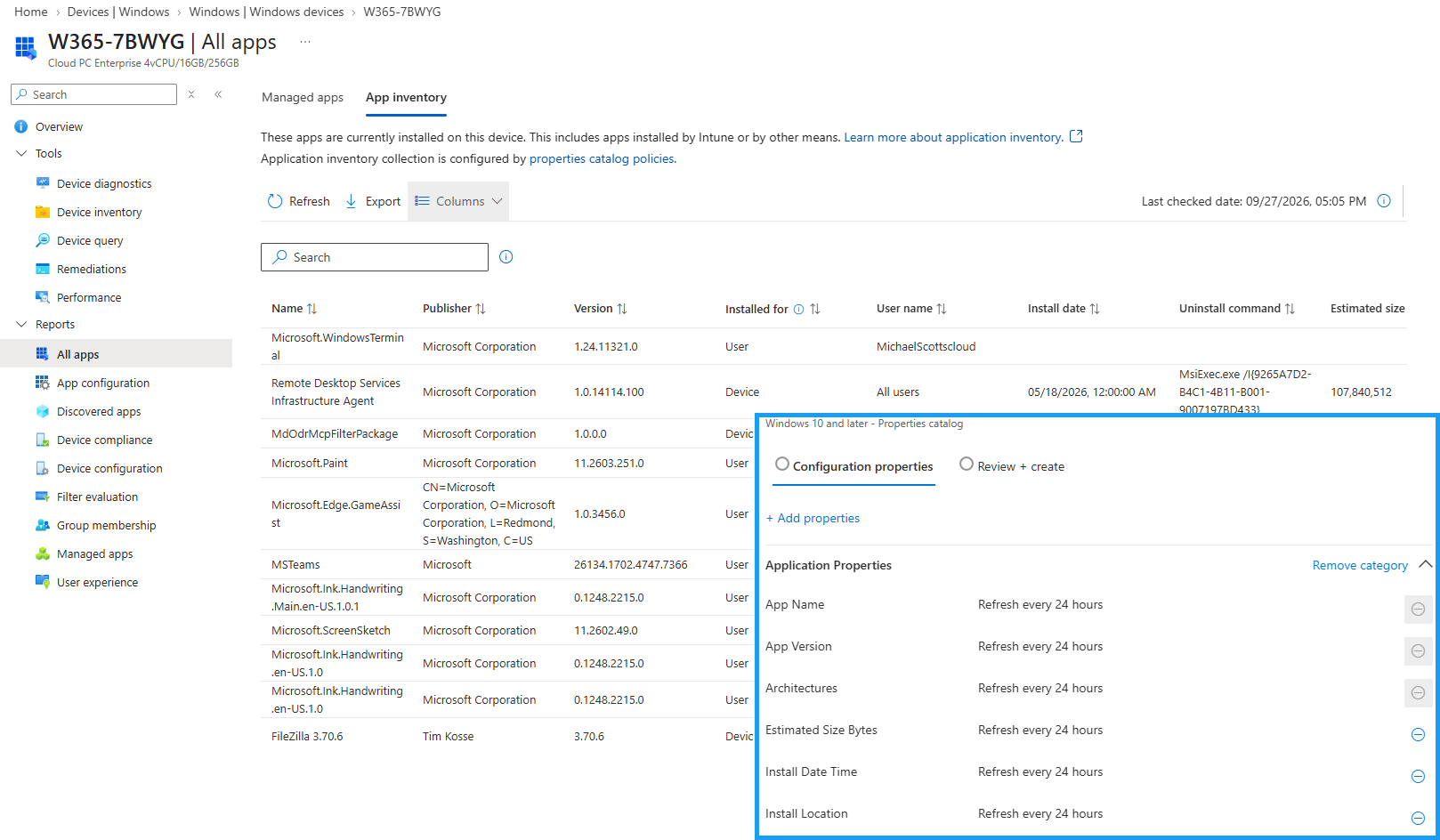 Microsoft Intune App inventory tab for a device showing installed apps with name, publisher, version, and install details, alongside the Properties Catalog policy panel used to configure which application properties are collected