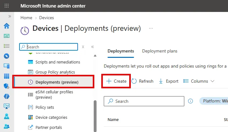 Intune admin center Devices menu showing the Deployments (preview) blade with Deployments and Deployment plans tabs