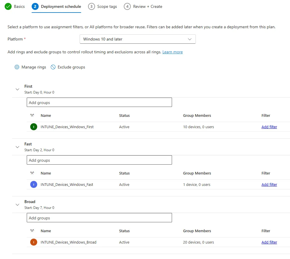 Deployment plan editor showing First, Fast, and Broad rings with their start day, groups, and filters