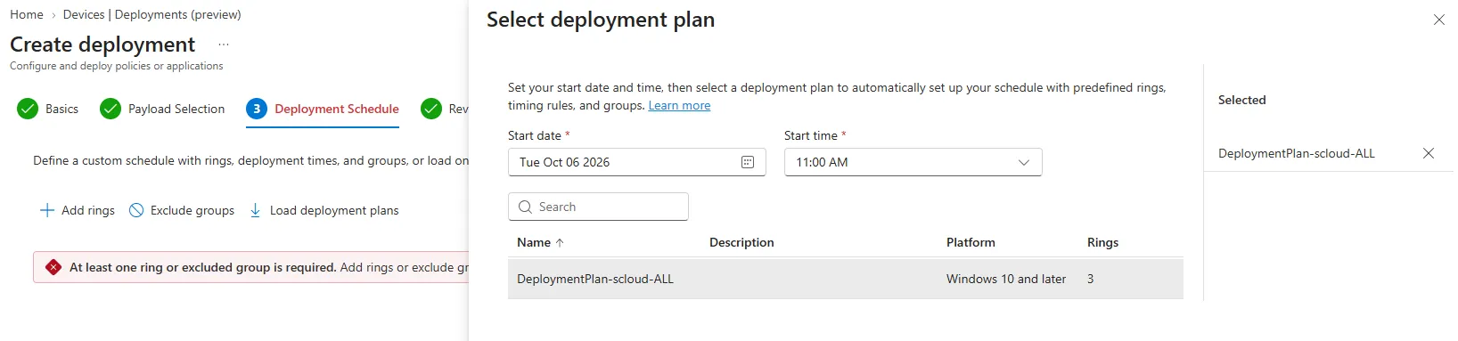 Create deployment wizard loading a saved deployment plan to apply its rings and schedule to a new payload