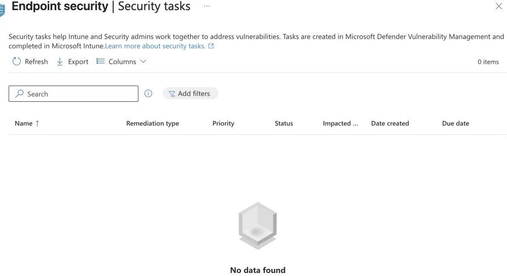 Microsoft Intune Endpoint security Security tasks screen for Defender Vulnerability Management remediation work